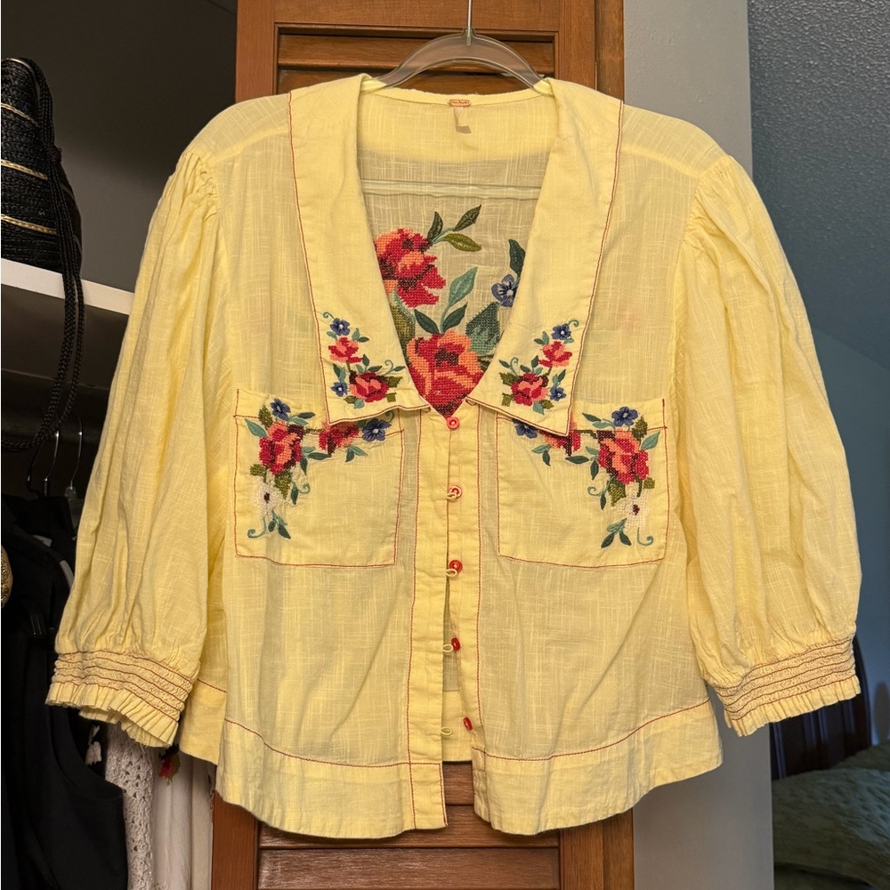 Free People Pale Yellow Embroidered Floral Puff Sleeve Blouse - Picture 4 of 5